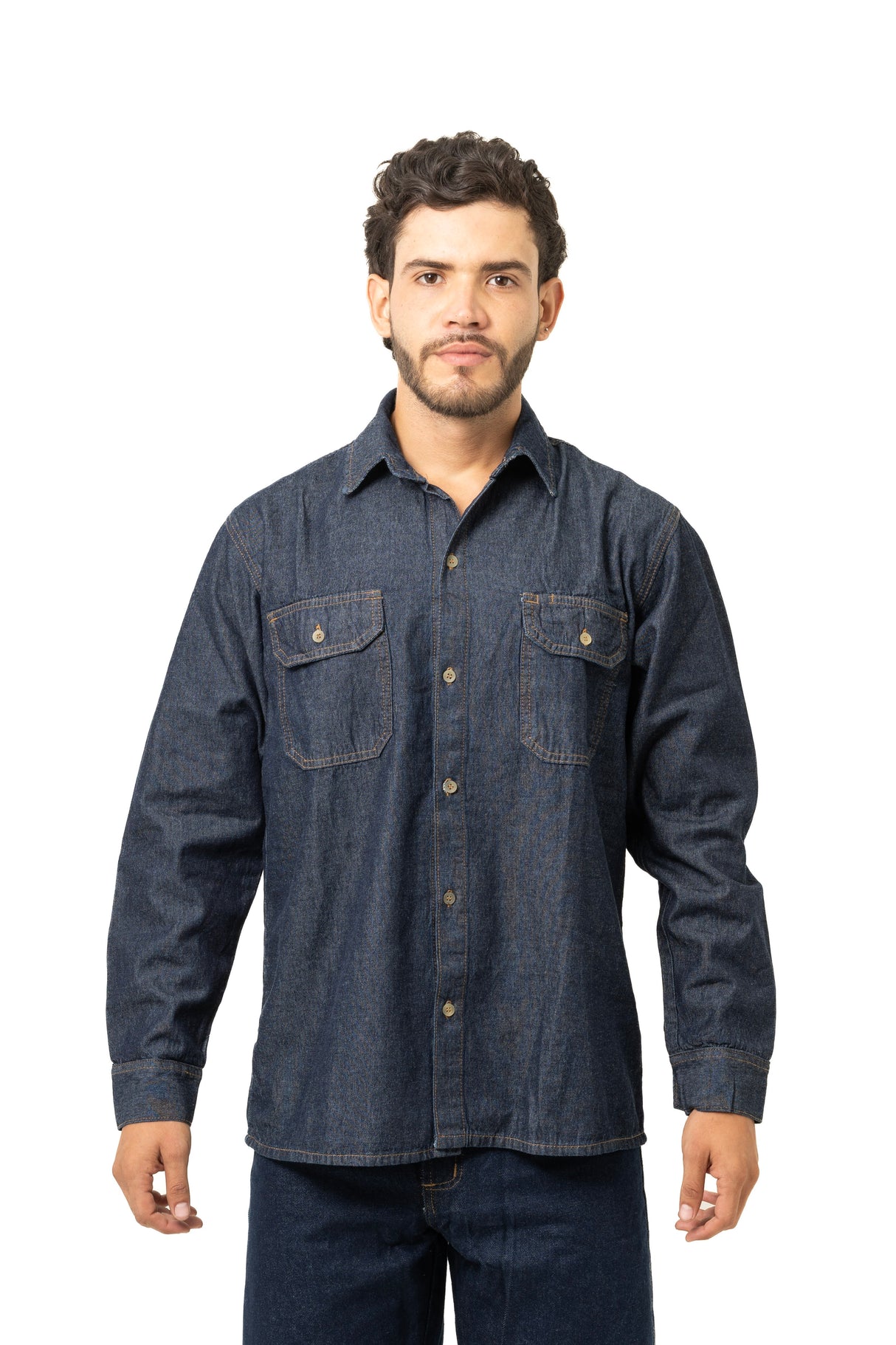 Camisa Índigo para Hombre – Manga Larga con Cuello Soldador y Bolsillos