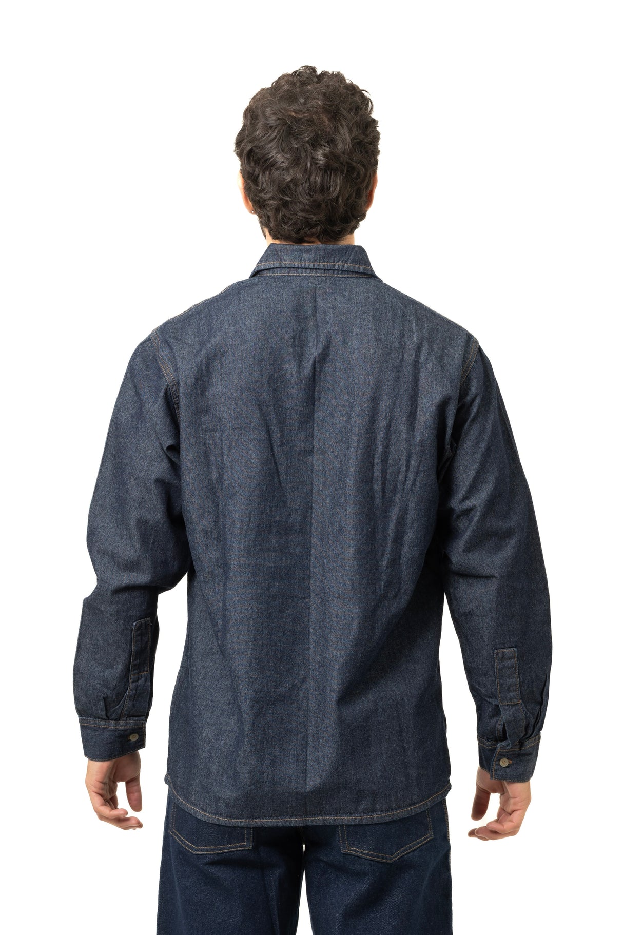 Camisa Índigo para Hombre – Manga Larga con Cuello Soldador y Bolsillos