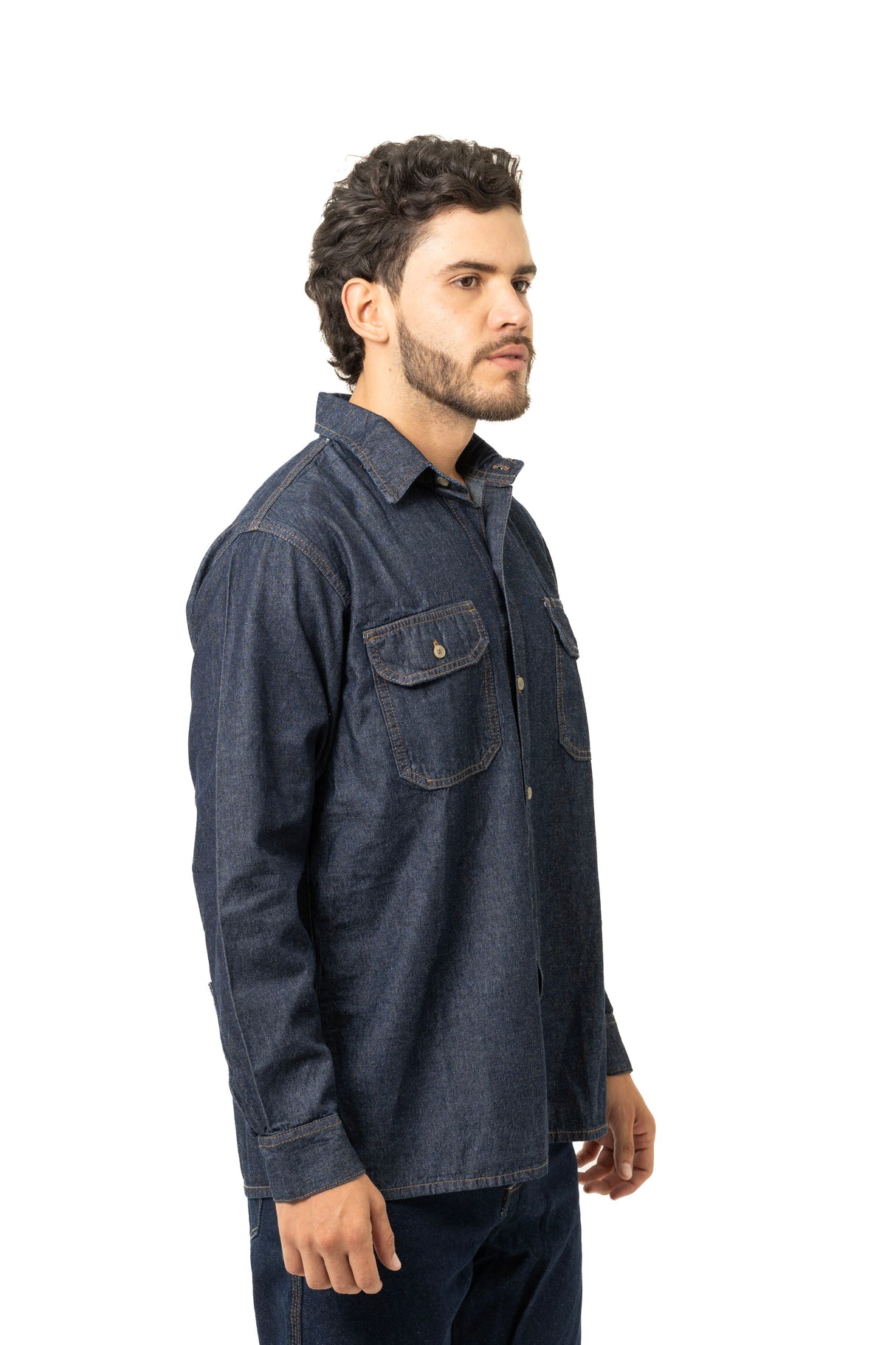 Camisa Índigo para Hombre – Manga Larga con Cuello Soldador y Bolsillos