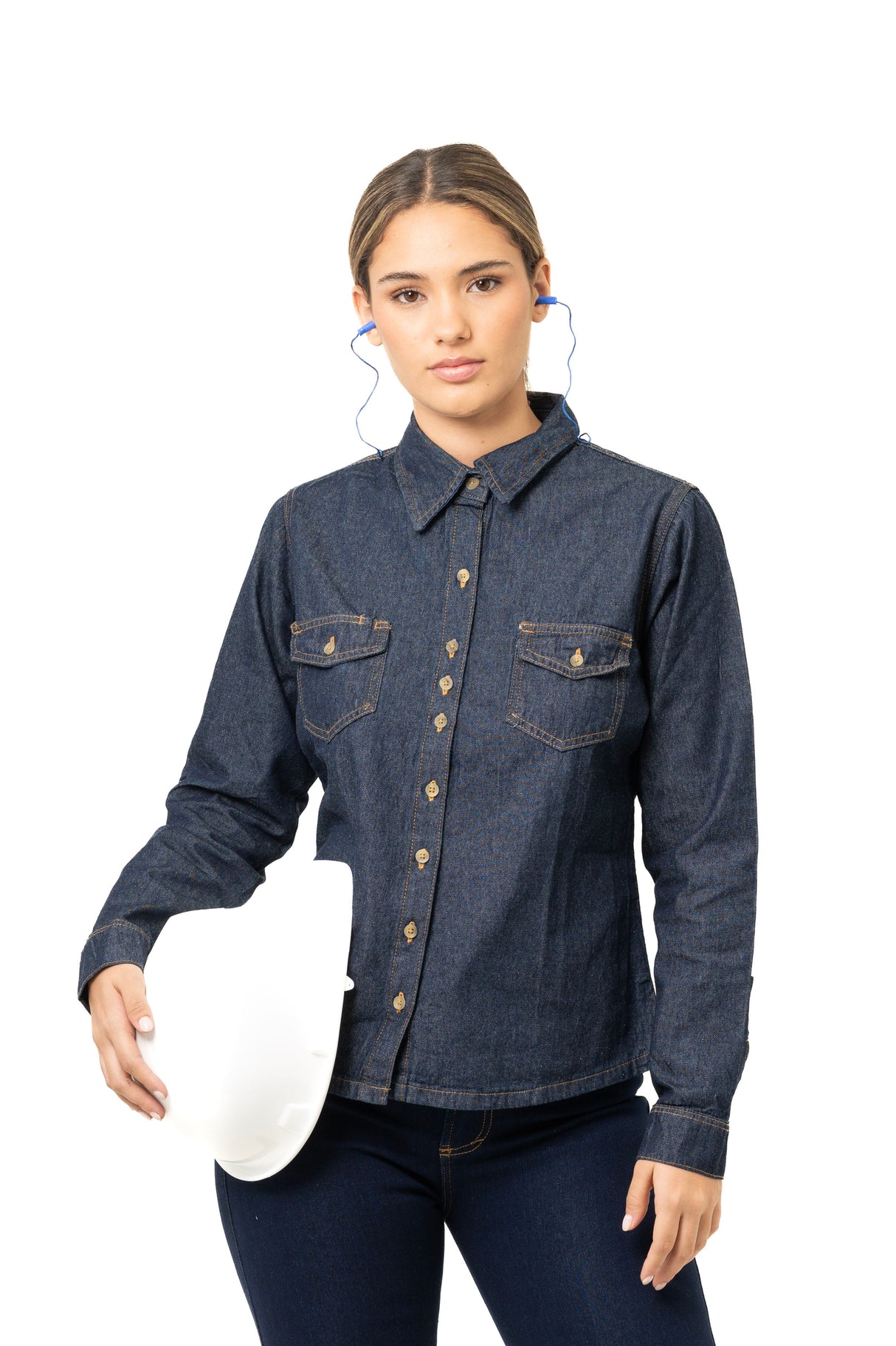 Blusa Índigo para Mujer – Manga Larga con Bolsillos y Pinzas para Entornos Industriales