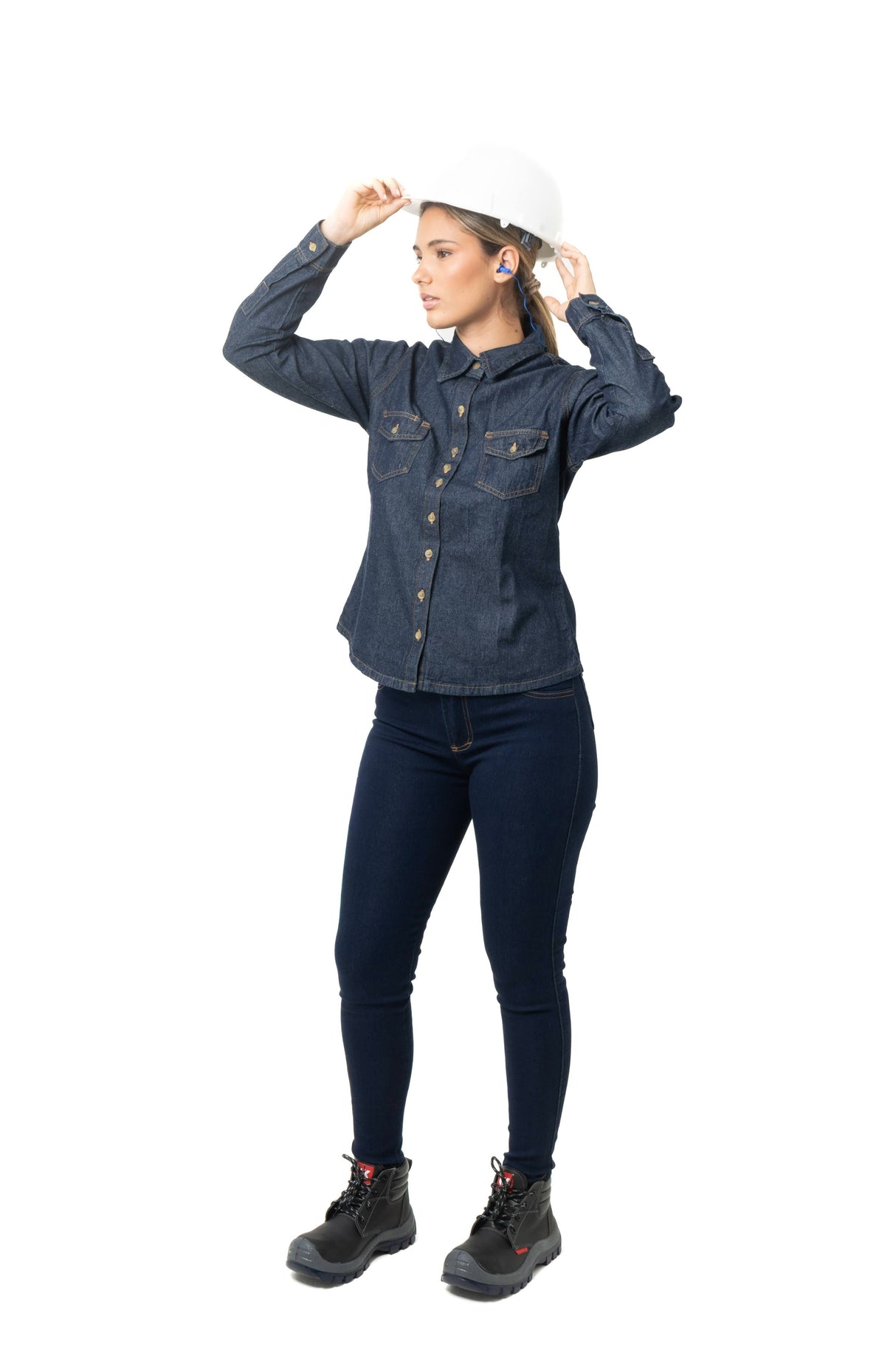 Blusa Índigo para Mujer – Manga Larga con Bolsillos y Pinzas para Entornos Industriales