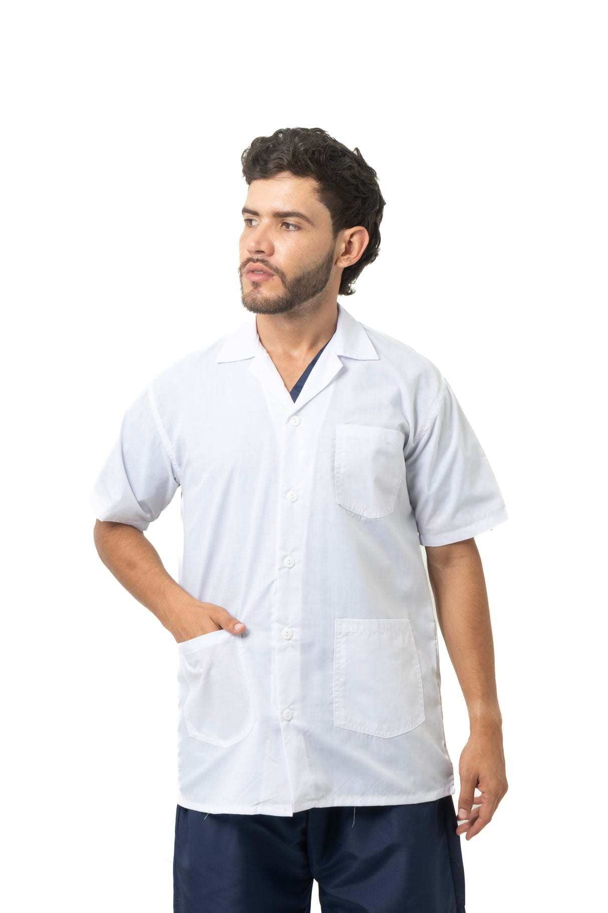 Bata Manga Corta Unisex – Cuello Sport, Bolsillos, Tela Antifluido Dacron