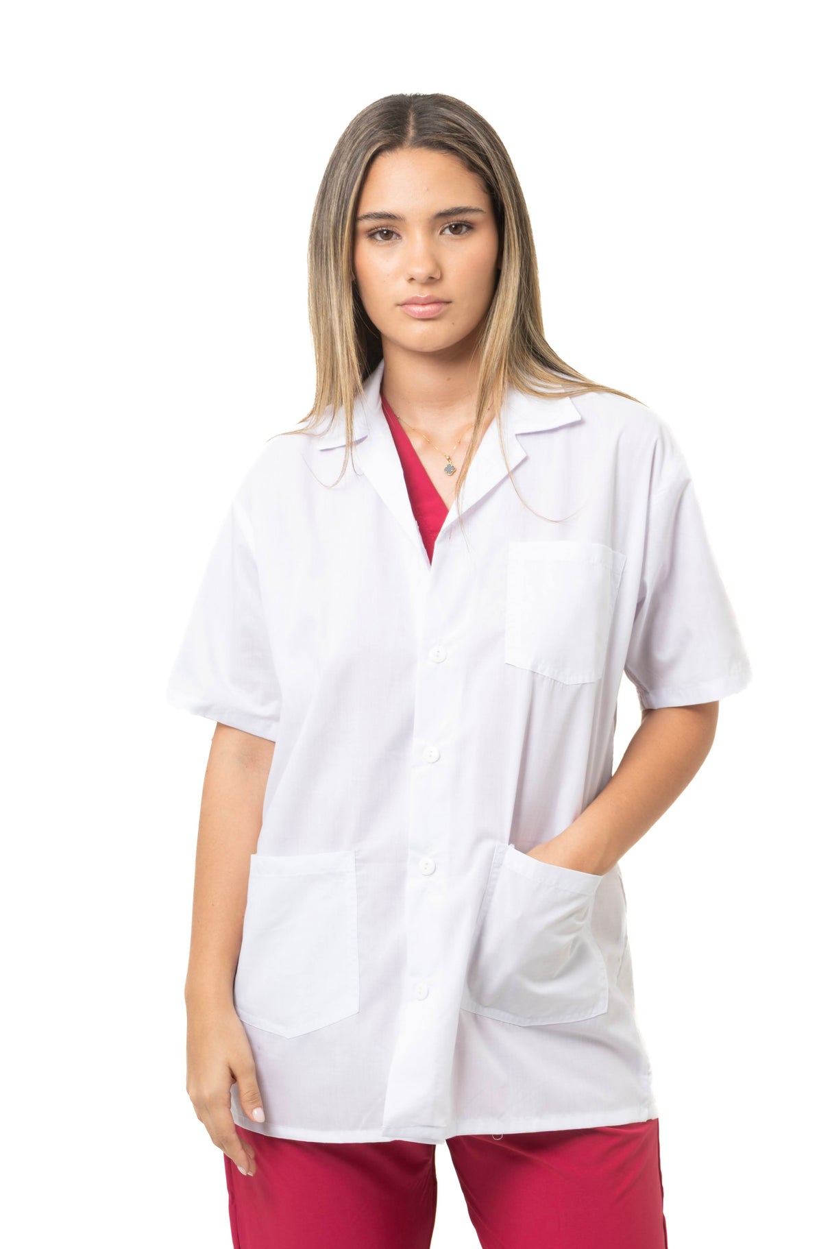 Bata Manga Corta Unisex – Cuello Sport, Bolsillos, Tela Antifluido Dacron