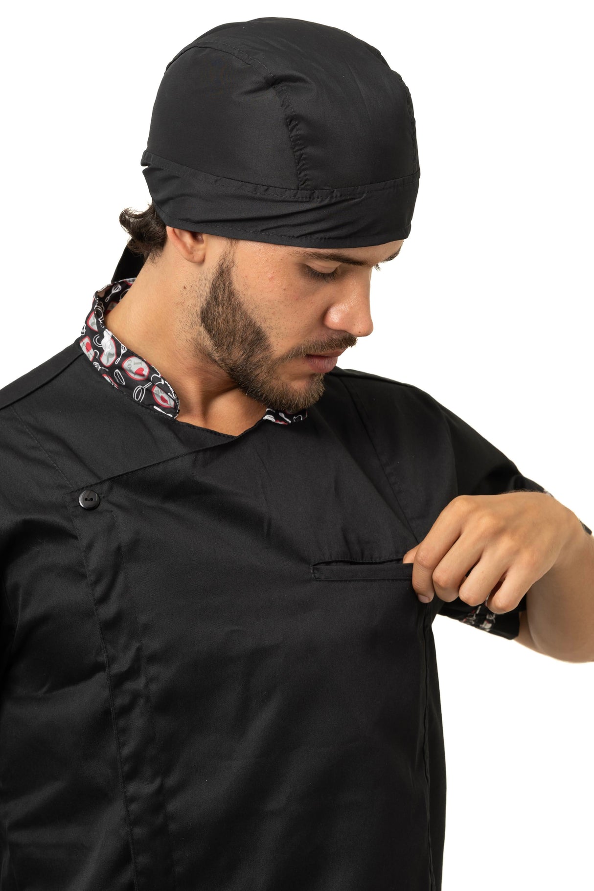 Chaqueta de Chef Cruzada para Hombre – Manga Corta, Bolsillo y Contraste en Cuello y Sesgo