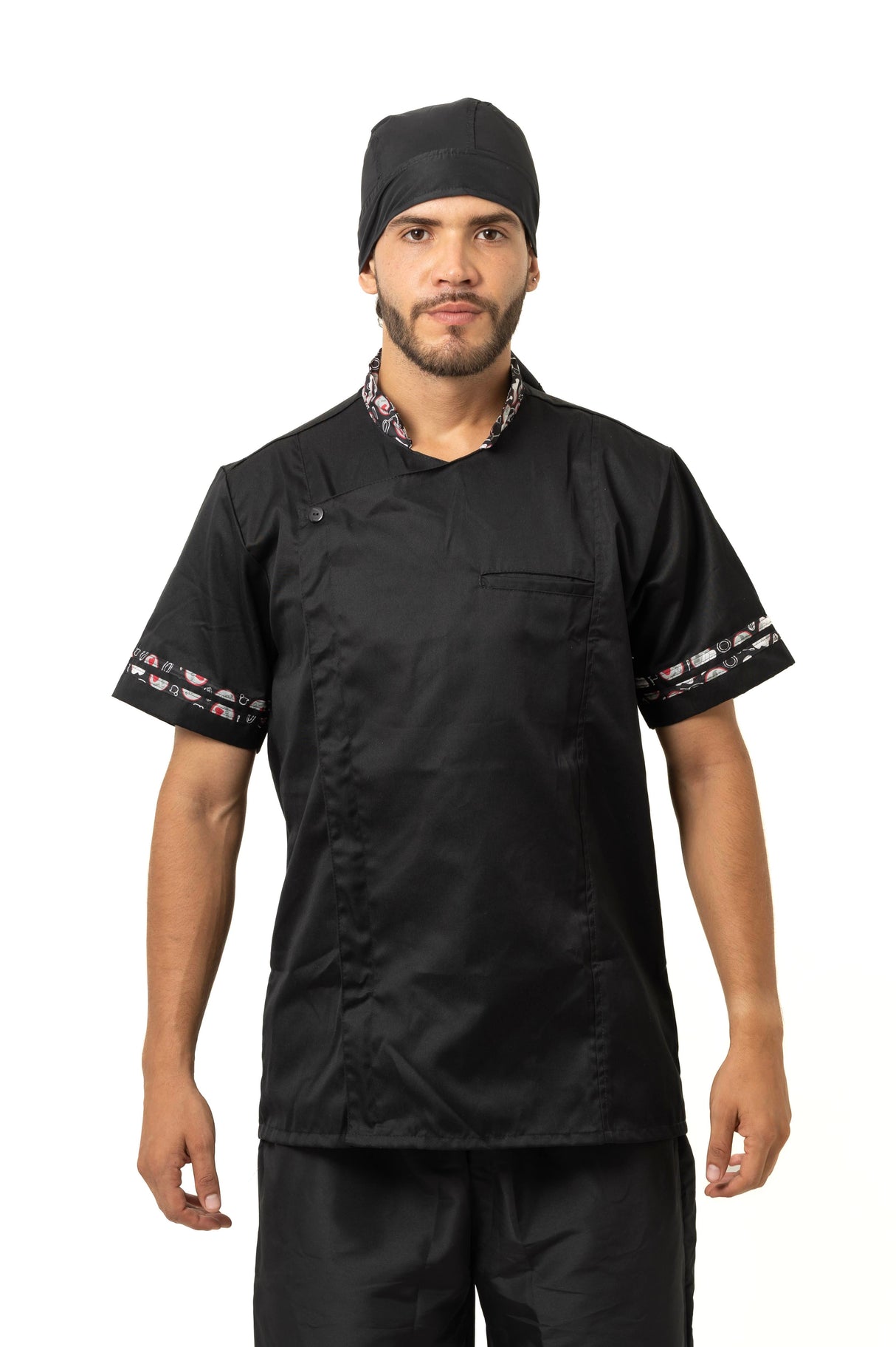 Chaqueta de Chef Cruzada para Hombre – Manga Corta, Bolsillo y Contraste en Cuello y Sesgo