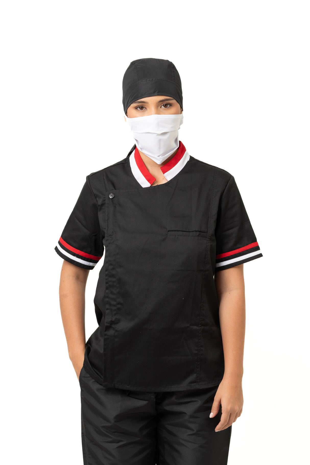 Chaqueta Chef Dama Combinada – Manga Corta, Bolsillo y Contraste en Cuello y Sesgos, Tela Antifluido