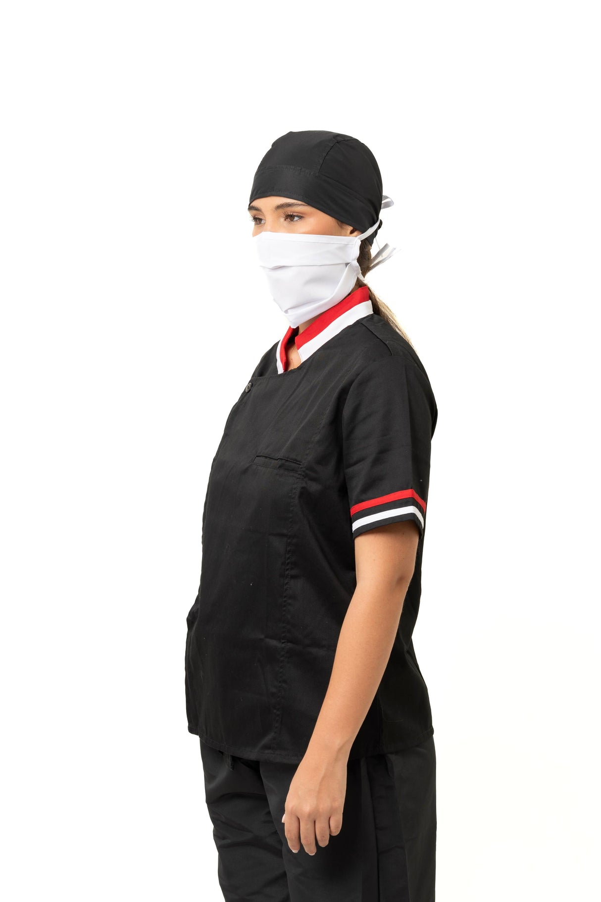 Chaqueta Chef Dama Combinada – Manga Corta, Bolsillo y Contraste en Cuello y Sesgos, Tela Antifluido