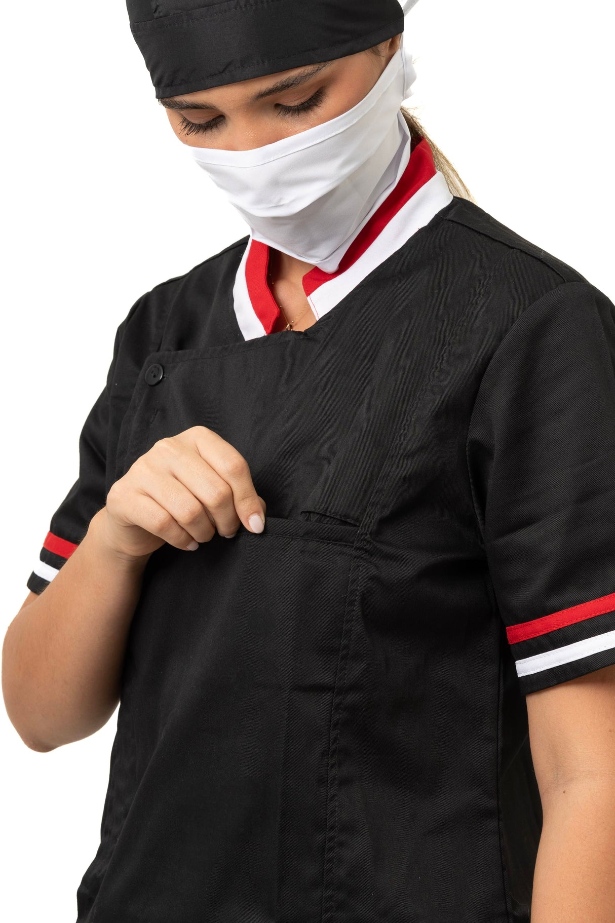 Chaqueta Chef Dama Combinada – Manga Corta, Bolsillo y Contraste en Cuello y Sesgos, Tela Antifluido