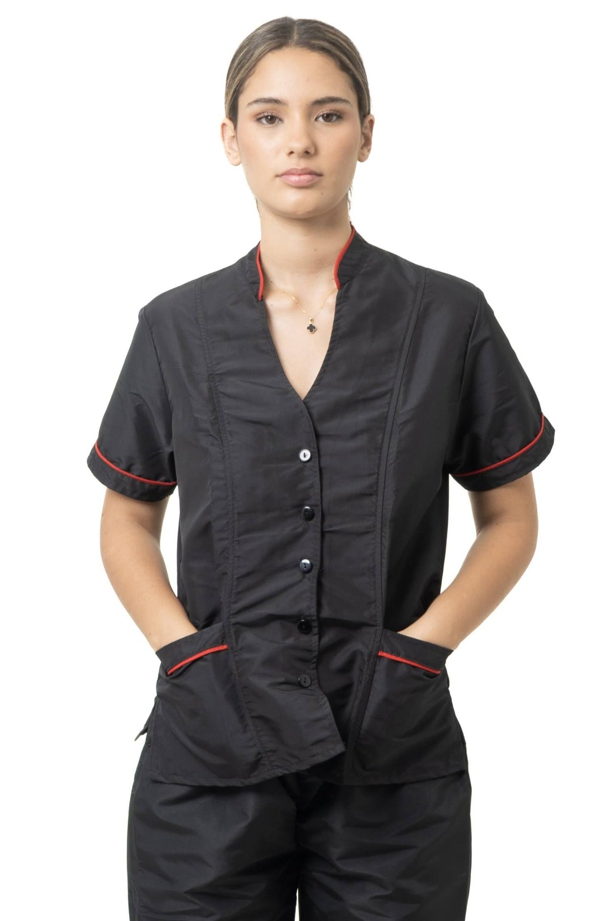 Chaqueta Chef Dama Combinada – Manga Corta, Contraste en Cuello y Sesgos, Tela Antifluido