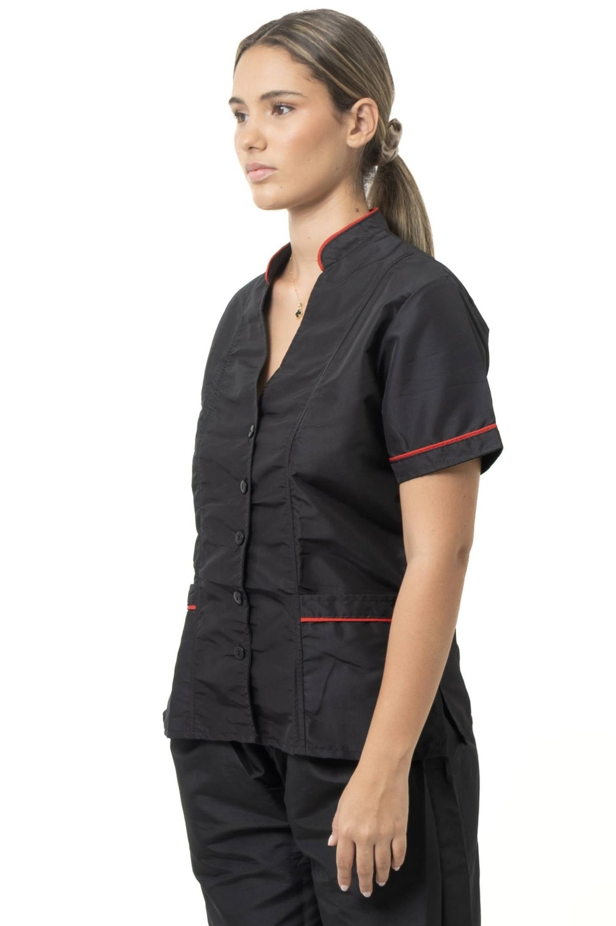 Chaqueta Chef Dama Combinada – Manga Corta, Contraste en Cuello y Sesgos, Tela Antifluido